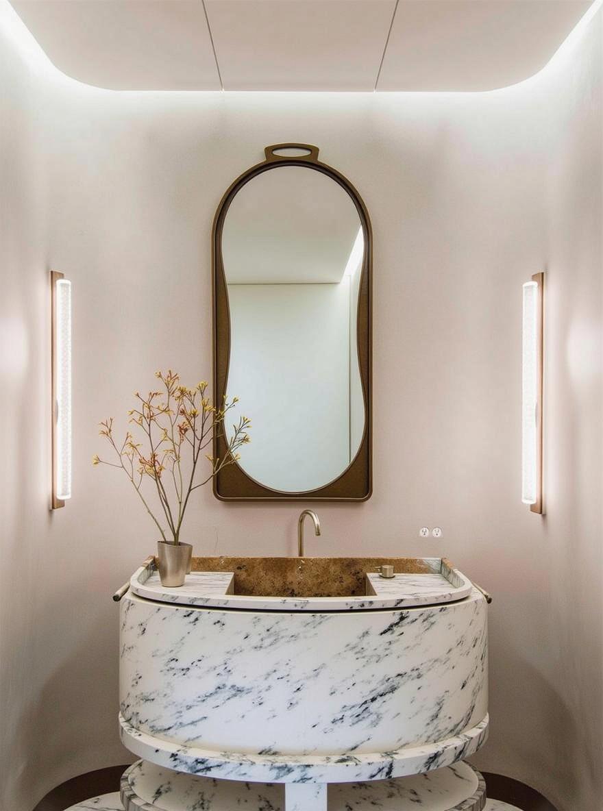A modern bathroom interior featuring an elegant oval marble basin