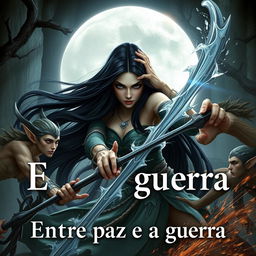 A beautiful female moon goddess with long black hair and striking black eyes, engaged in a fierce battle against elves