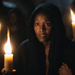 A dramatic portrayal of Tituba during the Salem witch trials. Illuminate her in a low, menacing light that emphasizes her intense expression, as she conjures dark magic amidst a murmuring crowd.