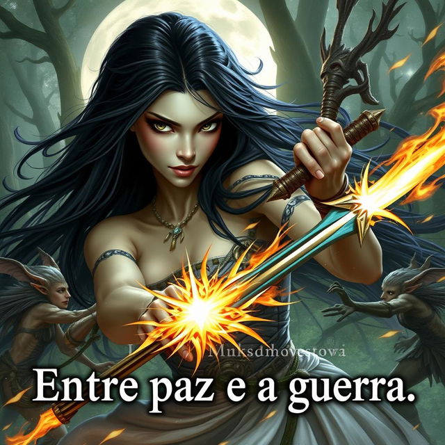 A beautiful female moon goddess with long black hair and striking black eyes, engaged in a fierce battle against elves