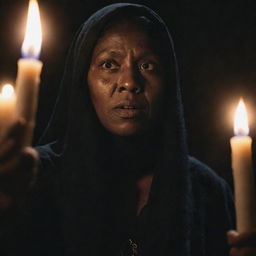 A dramatic portrayal of Tituba during the Salem witch trials. Illuminate her in a low, menacing light that emphasizes her intense expression, as she conjures dark magic amidst a murmuring crowd.