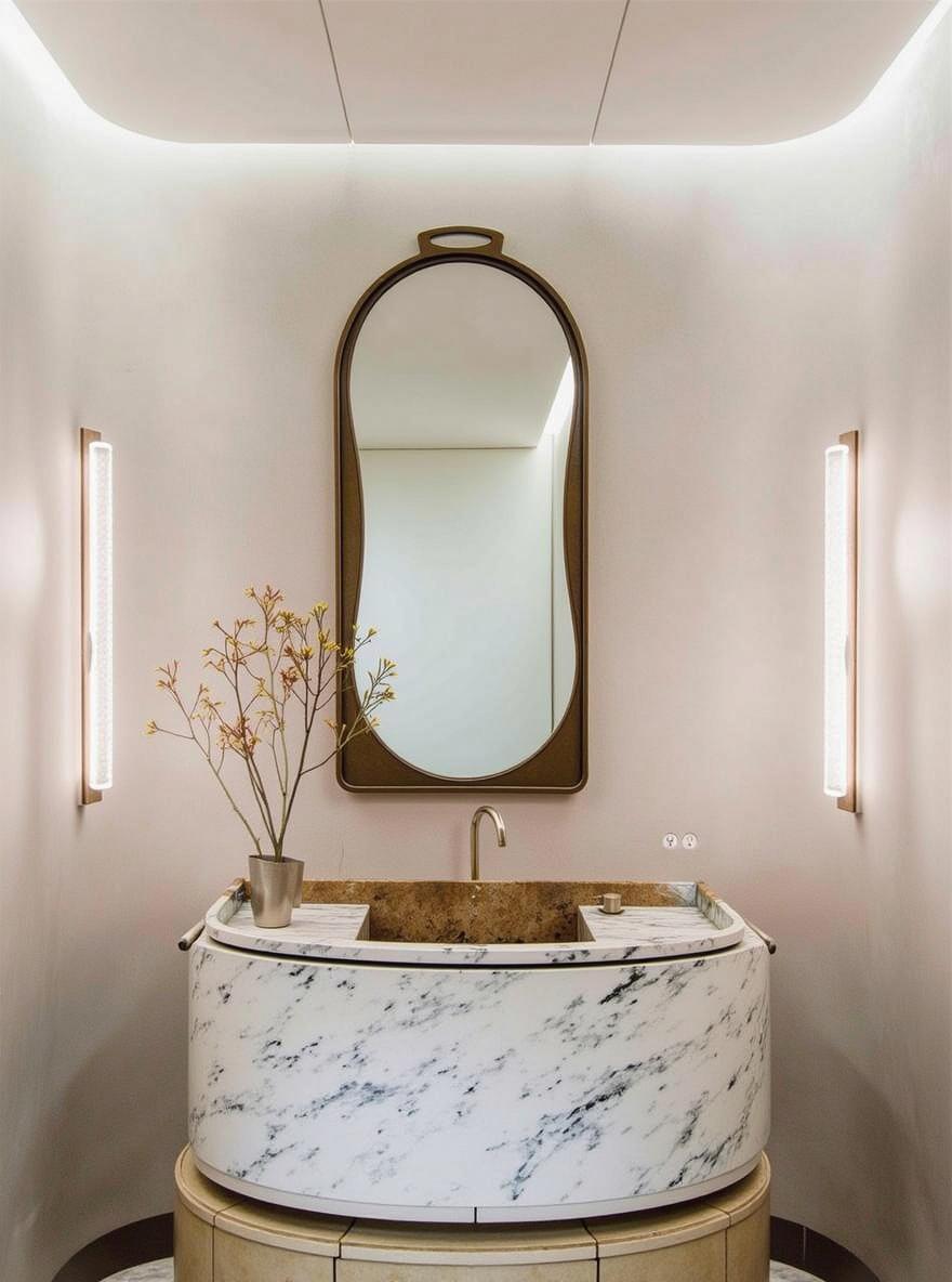 A luxurious modern bathroom interior featuring an elegantly designed oval marble sink