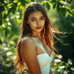 A beautiful young woman, glistening with water droplets on her skin, standing gracefully in a serene outdoor setting