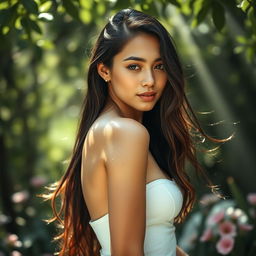 A beautiful young woman, glistening with water droplets on her skin, standing gracefully in a serene outdoor setting