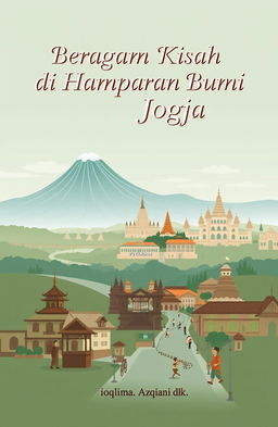 A serene and beautiful panoramic landscape of Yogyakarta featuring the majestic Mount Merapi, the iconic Borobudur Temple, and the stunning Prambanan Temple