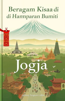 A serene and beautiful panoramic landscape of Yogyakarta featuring the majestic Mount Merapi, the iconic Borobudur Temple, and the stunning Prambanan Temple