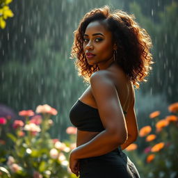 A stunning artistic portrayal of a confident, curvy woman standing gracefully in a beautifully lit, serene environment after a soft rain