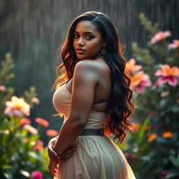 A stunning artistic portrayal of a confident, curvy woman standing gracefully in a beautifully lit, serene environment after a soft rain