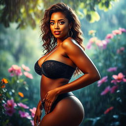 A stunning artistic portrayal of a confident, curvy woman standing gracefully in a beautifully lit, serene environment after a soft rain