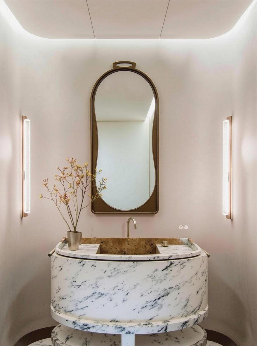 A modern bathroom interior featuring a luxurious oval marble sink with intricate dark and light marble patterns