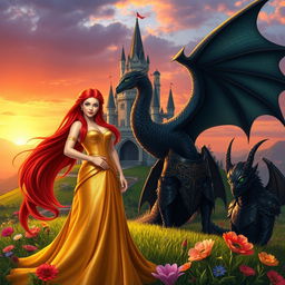 An enchanting fantasy scene featuring a majestic castle set on a lush green hilltop, surrounded by colorful flowers and mystical creatures