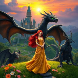 An enchanting fantasy scene featuring a majestic castle set on a lush green hilltop, surrounded by colorful flowers and mystical creatures