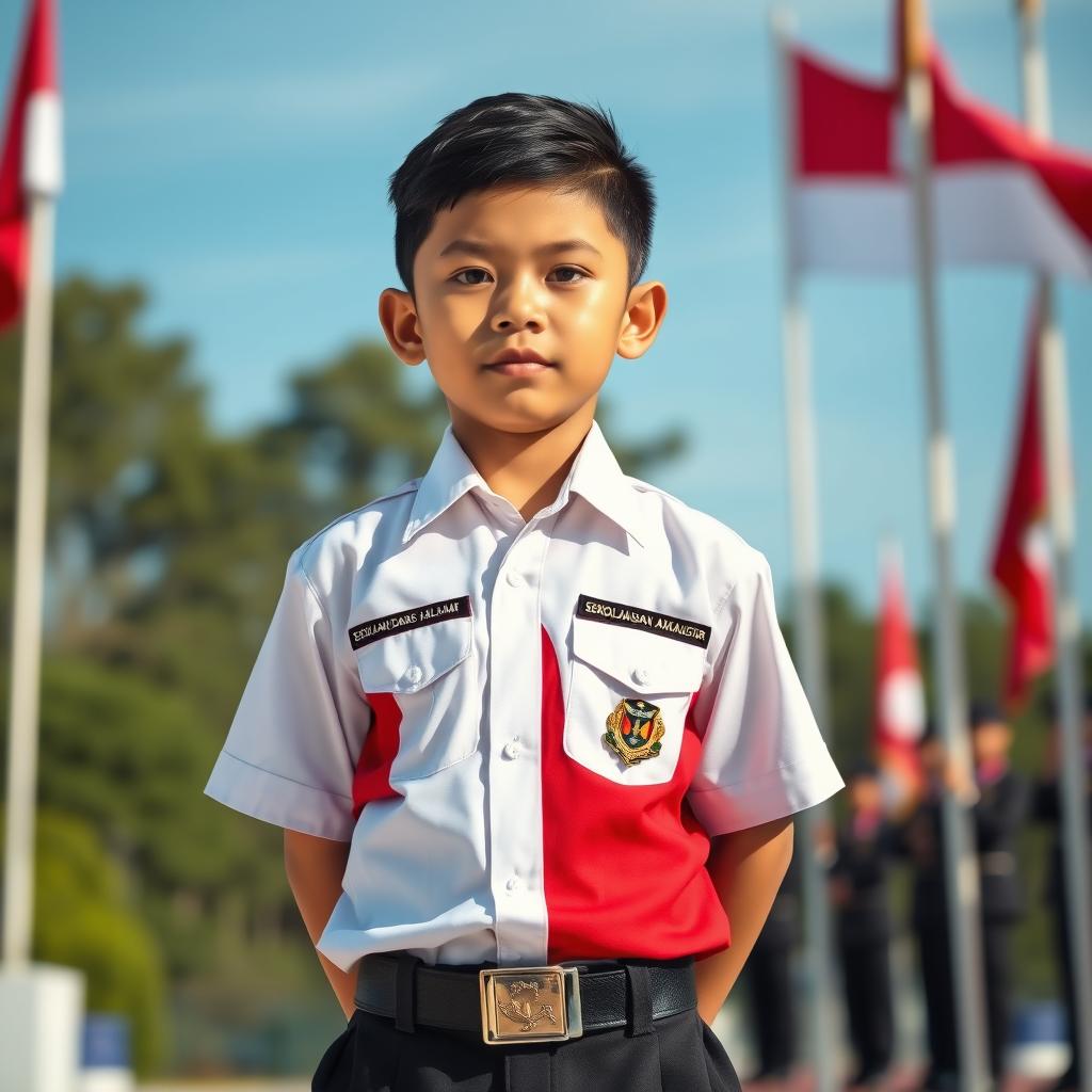 A detailed depiction of a young Indonesian boy wearing a Paskibra uniform