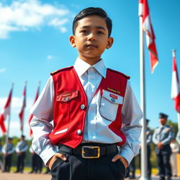 A detailed depiction of a young Indonesian boy wearing a Paskibra uniform