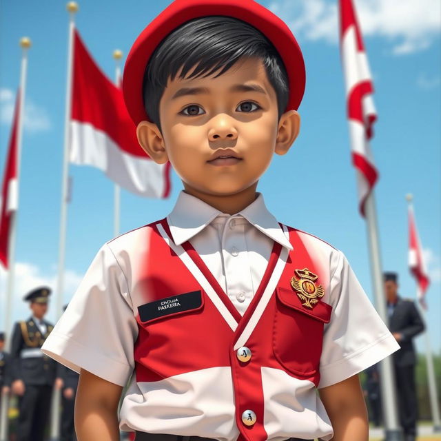 A detailed depiction of a young Indonesian boy wearing a Paskibra uniform