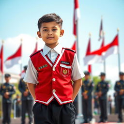 A detailed depiction of a young Indonesian boy wearing a Paskibra uniform