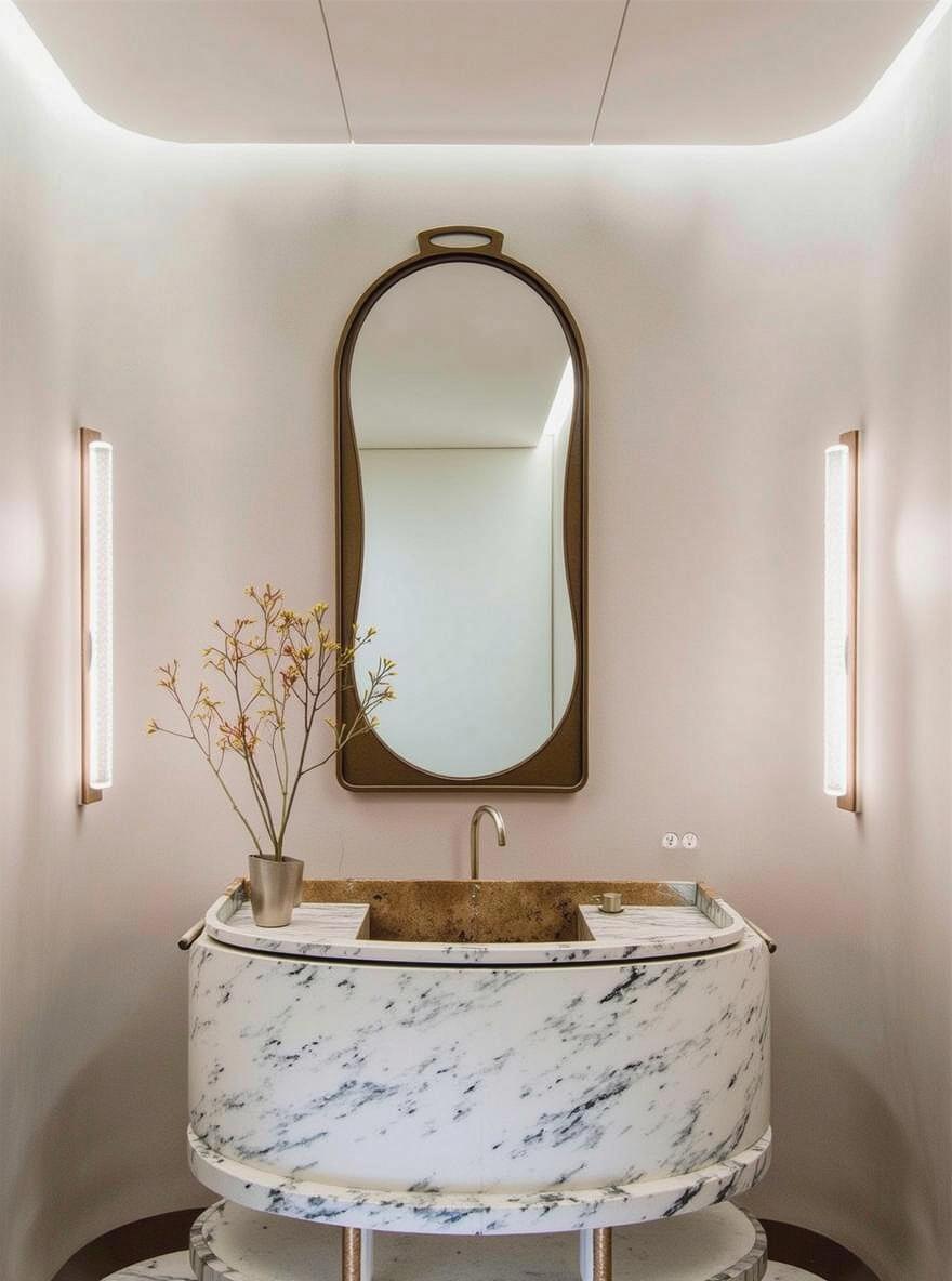 A modern bathroom interior featuring a beautifully designed oval marble sink with a glossy surface and striking dark veining