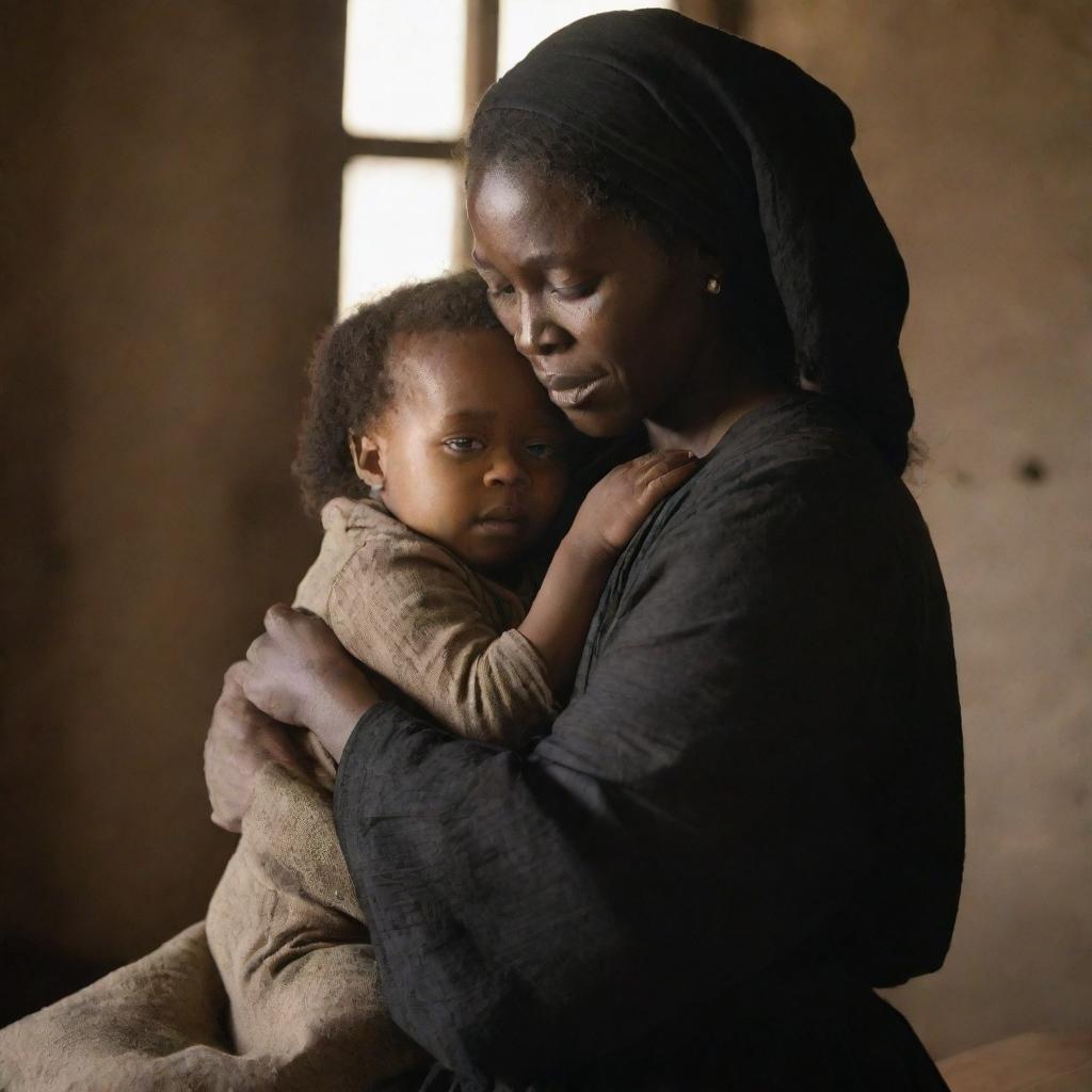 An image of Tituba showing a motherly and caring aspect, hugging a small child or providing comfort, adding a warm atmosphere to the scene