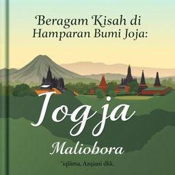 A beautiful panoramic nature scene of Jogja featuring Mount Merapi, Borobudur Temple, and Prambanan Temple