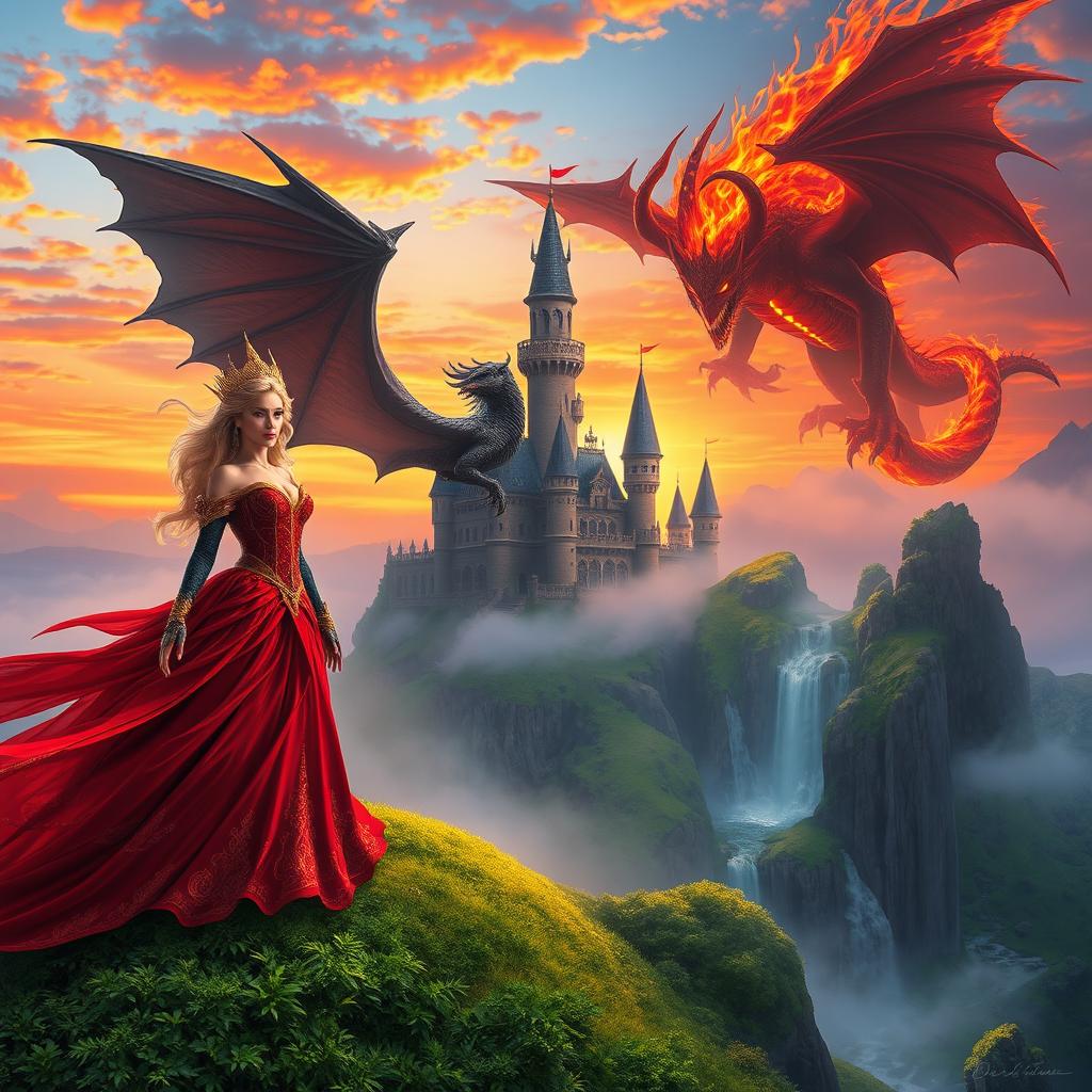 A breathtaking fantasy scene featuring an enchanting castle nestled atop a mist-covered hill