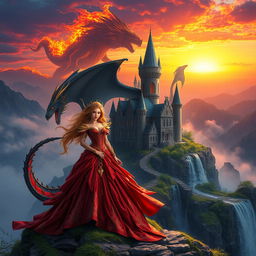 A breathtaking fantasy scene featuring an enchanting castle nestled atop a mist-covered hill