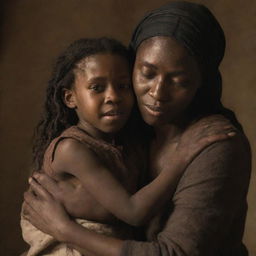 An image of Tituba showing a motherly and caring aspect, hugging a small child or providing comfort, adding a warm atmosphere to the scene