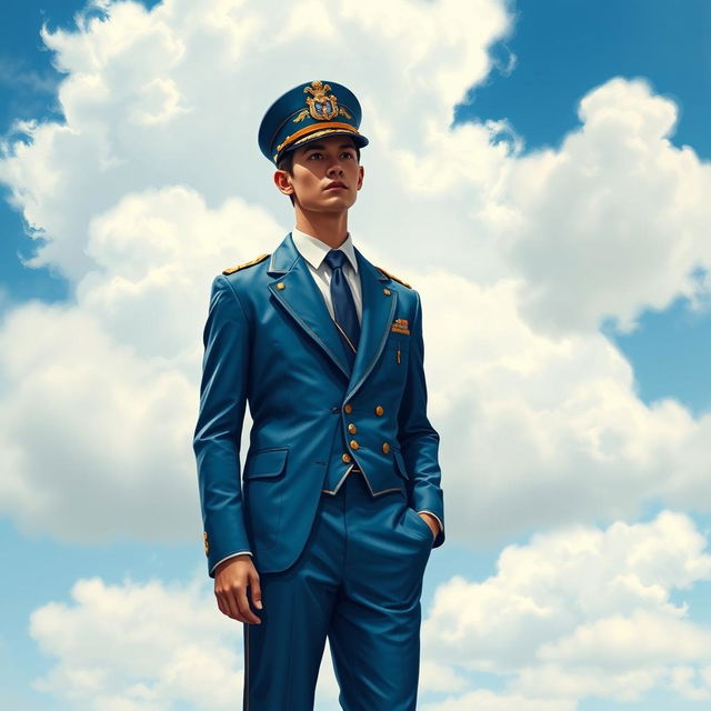 A detailed depiction of a Paskibra outfit featuring a blue jacket