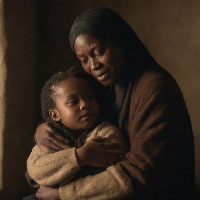 An image of Tituba showing a motherly and caring aspect, hugging a small child or providing comfort, adding a warm atmosphere to the scene