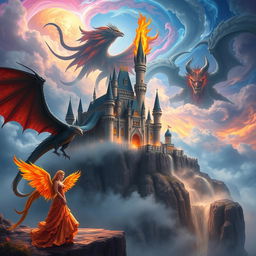 An enchanting fantasy castle situated on a dramatic cliff, surrounded by swirling mist and vibrant magical energy