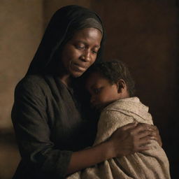 An image of Tituba showing a motherly and caring aspect, hugging a small child or providing comfort, adding a warm atmosphere to the scene