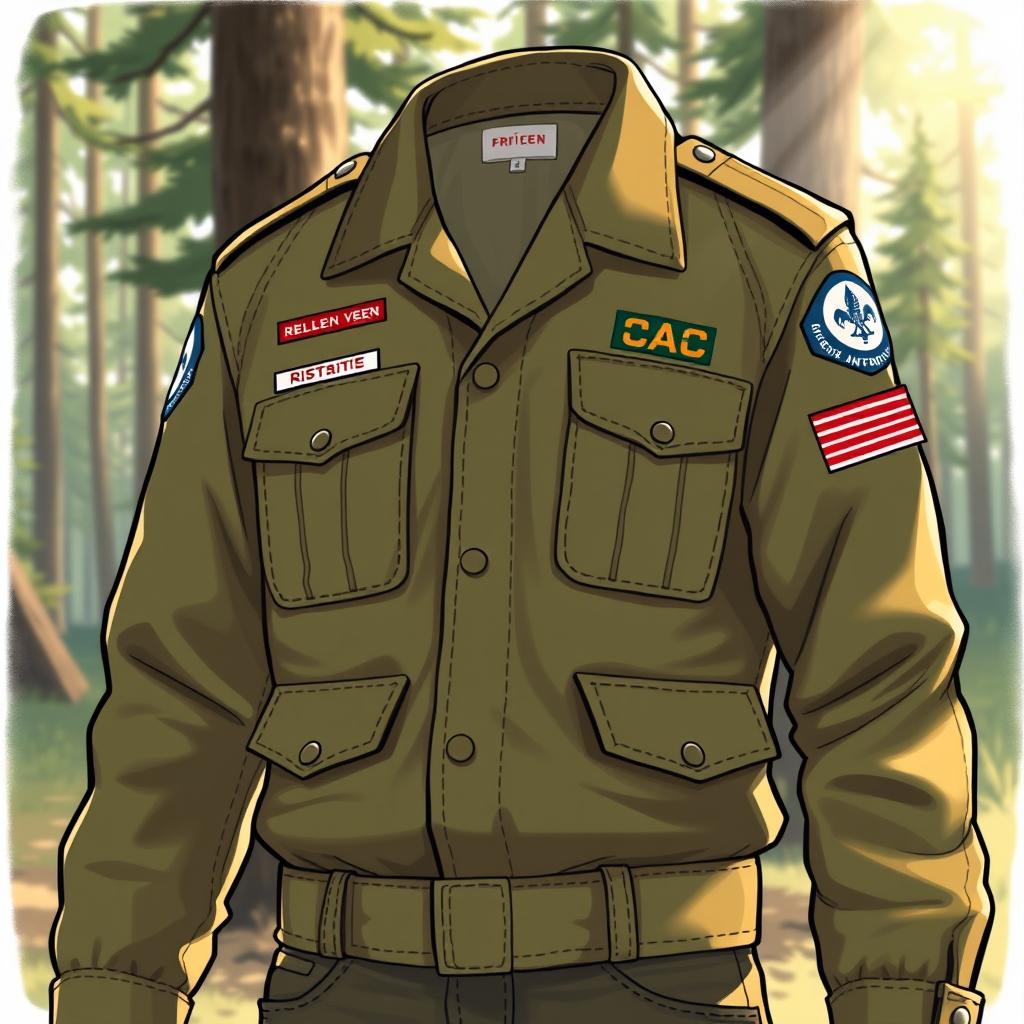 A detailed illustration of a scout jacket, featuring earthy tones like olive green and khaki, with various patches and badges representing achievements