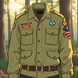 A detailed illustration of a scout jacket, featuring earthy tones like olive green and khaki, with various patches and badges representing achievements