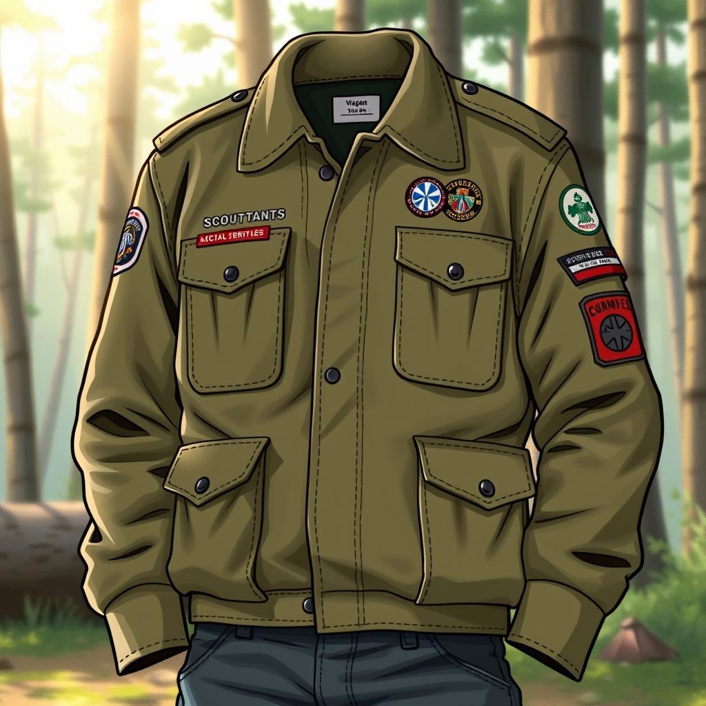 A detailed illustration of a scout jacket, featuring earthy tones like olive green and khaki, with various patches and badges representing achievements