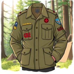 A detailed illustration of a scout jacket, featuring earthy tones like olive green and khaki, with various patches and badges representing achievements