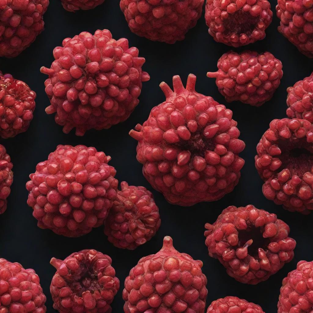 A visually detailed illustration of the pollen grains of a Punica Granatum (Pomegranate). Capture the unique shapes and textures, making them appear microscopic.