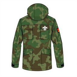 A stylish and functional scout jacket design featuring a woodland camouflage pattern, with an adjustable hood and multiple pockets