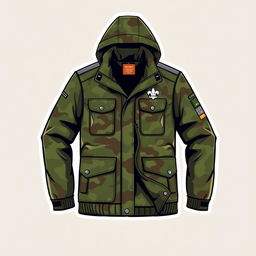 A stylish and functional scout jacket design featuring a woodland camouflage pattern, with an adjustable hood and multiple pockets