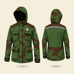 A stylish and functional scout jacket design featuring a woodland camouflage pattern, with an adjustable hood and multiple pockets