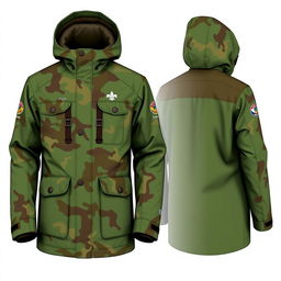 A stylish and functional scout jacket design featuring a woodland camouflage pattern, with an adjustable hood and multiple pockets