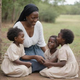 Tituba, a kind and nurturing woman, interacting gently with Benjamin's children. She's teaching them, consoling them, and engaging in fun activities under a peaceful setting.