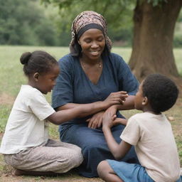 Tituba, a kind and nurturing woman, interacting gently with Benjamin's children. She's teaching them, consoling them, and engaging in fun activities under a peaceful setting.