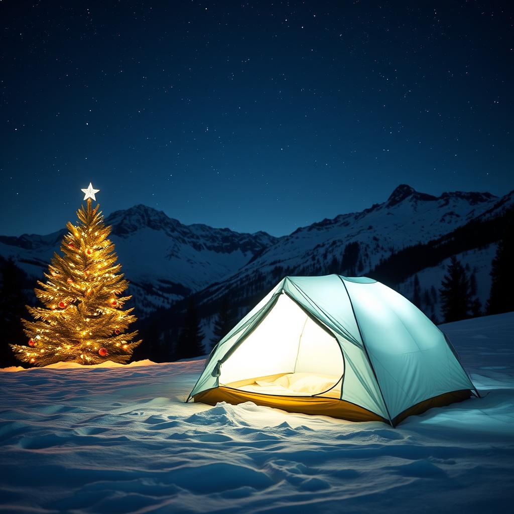 A serene nighttime mountain range illuminated under a starry sky, with a beautifully decorated Christmas tree off to the side, twinkling lights casting a warm glow