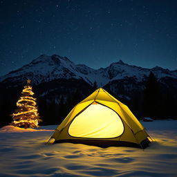 A serene nighttime mountain range illuminated under a starry sky, with a beautifully decorated Christmas tree off to the side, twinkling lights casting a warm glow