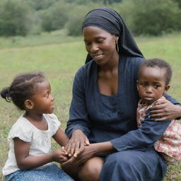 Tituba, a kind and nurturing woman, interacting gently with Benjamin's children. She's teaching them, consoling them, and engaging in fun activities under a peaceful setting.