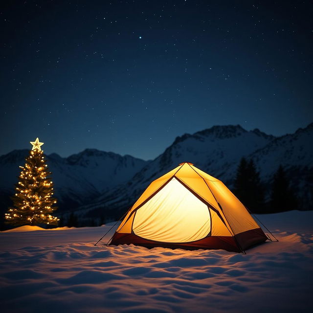 A serene nighttime mountain range illuminated under a starry sky, with a beautifully decorated Christmas tree off to the side, twinkling lights casting a warm glow