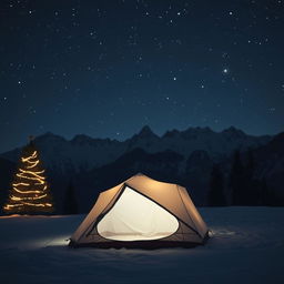 A serene nighttime mountain range illuminated under a starry sky, with a beautifully decorated Christmas tree off to the side, twinkling lights casting a warm glow