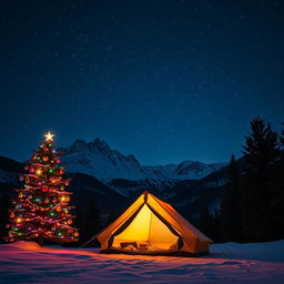 A picturesque nighttime mountain range under a shimmering starry sky, featuring a vibrant Christmas tree adorned with colorful ornaments and glowing lights off to one side