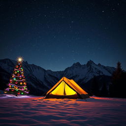 A picturesque nighttime mountain range under a shimmering starry sky, featuring a vibrant Christmas tree adorned with colorful ornaments and glowing lights off to one side