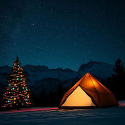 A picturesque nighttime mountain range under a shimmering starry sky, featuring a vibrant Christmas tree adorned with colorful ornaments and glowing lights off to one side