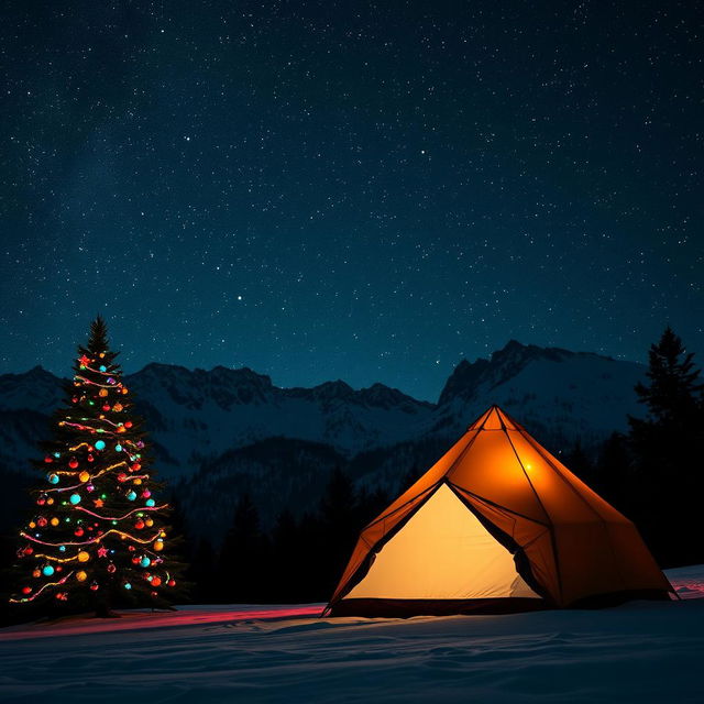 A picturesque nighttime mountain range under a shimmering starry sky, featuring a vibrant Christmas tree adorned with colorful ornaments and glowing lights off to one side